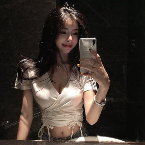 Sexy Slim Waist Cropped T-shirt Women Fashion Cotton t shirt Summer Purple tshirt V-neck Crop Top Casual Tees club female Tshirt