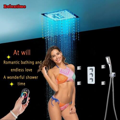 Crystal Pendant Ceiling Rainfall Shower Head Massage Jets Bathroom Concealed Thermostatic Multifunction Shower Set Faucet Tap