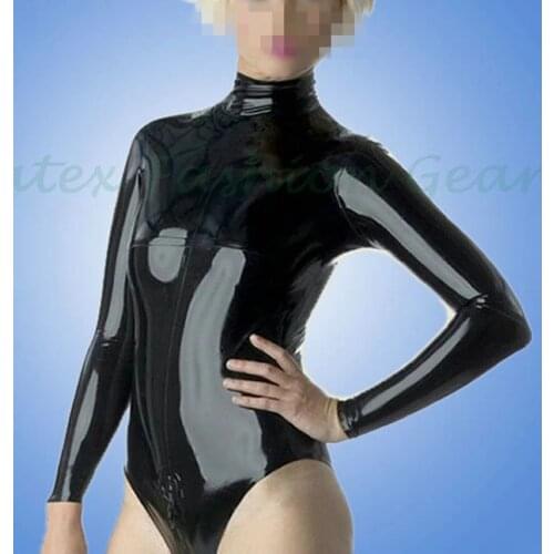 Red Long sleeved Latex swimsuit with zip at back High collar leotard Rubber bodysuits jumsuit plus size