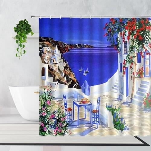Mediterranean Oil Painting Landscape Shower Curtain Coastal Town Garden Flower Background Decor Waterproof Bath Curtain Screen