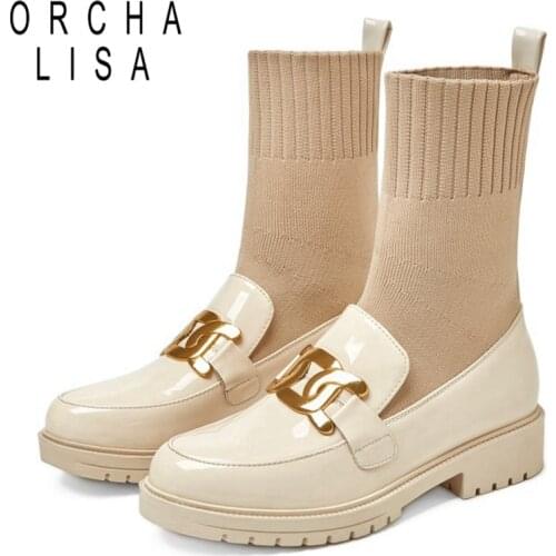 ORCHALISA Winter Autumn 2021 Square Toe Boots PU Leather Metal Chain Knitting Woolen Tube Sock Boot Women Fashion Stretchy S227
