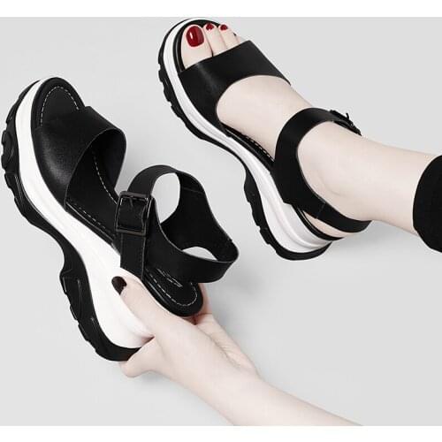 New Women Leather Non-slip Sandals Muffin Thick-bottom Fashion Open Toe Womens Sandals