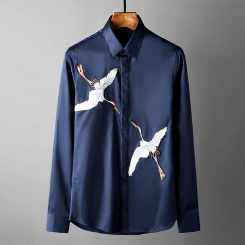 Luxury Double Crane Embroidery Long Sleeve Mens Dress Plus Size 3XL 4XL Slim Fit Party Male Shirts