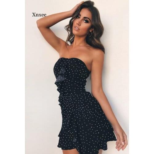 Sexy Wrapped Chest Polka Dot Mini Dresses Summer Off Shoulder Ruffle Black Party Dress Women Sexy Club Wear Party Dress