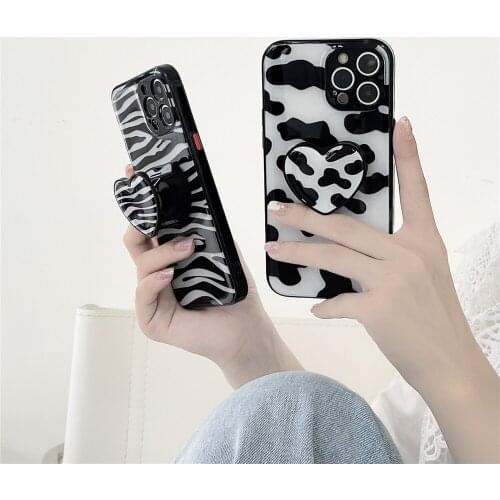 Stylish Zebra Pattern Love Heart Bracket Phone Case For iPhone 11 12 Pro XS MAX XR X 8 7 Plus SE2020 Soft Epoxy Back Cover Coque