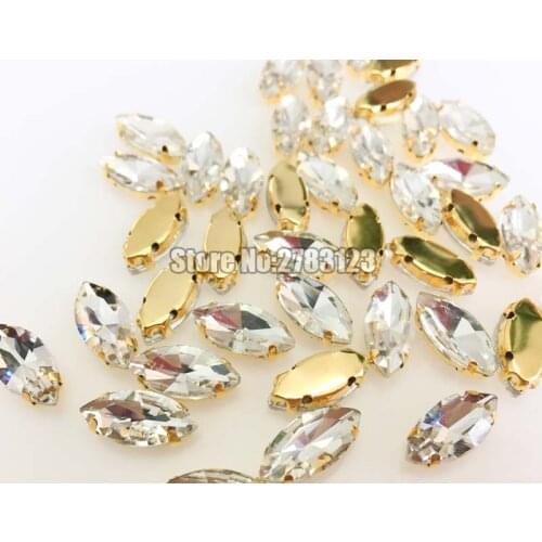 Gold bottom white horse eye shape Glass Crystal sew on claw rhinestones with holes For Wedding Dress Crafts Free shipping