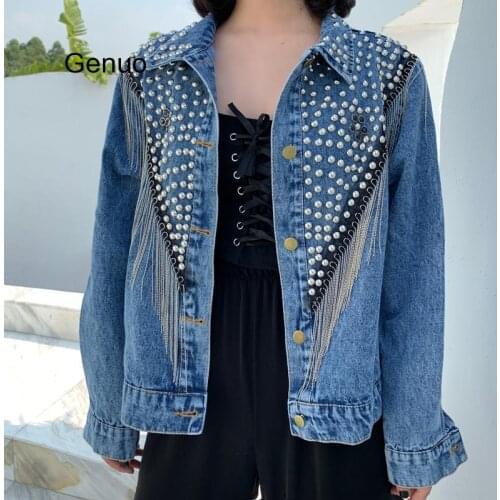 Streetwear Denim Jacket Women Autumn Hand-studded Rivet Tassel Chain Short Jeans Jacket Loose Black Coats Chaquetas Mujer