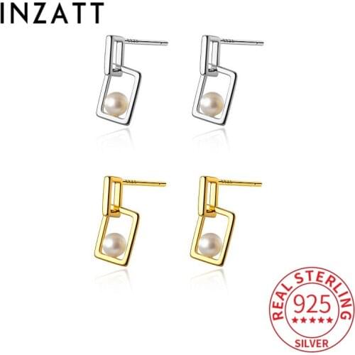INZATT Real 925 Sterling Silver Round Pearl Square Pendant Stud Earrings For Women Hiphop Fine Jewelry Minimalist Accessories