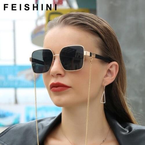 FEISHINI Luxury Brand Necklace Lanyard Square Sunglasses Ladies Celebrity 2021 Fashion Metal Chain Women Glasses UV Protector