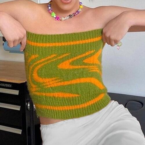 Printed Y2K Knitted Chest Tube Top Ladies Green Summer Strapless Corrugated Bra Corset Nine Points Top Casual Corset Streetwear