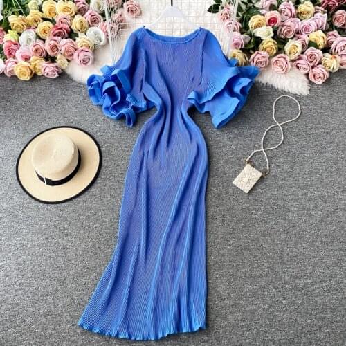Womens Spring Summer Runway Fashion Ruffles Sleeve Elastic Pleated Dress Female chicTravel Beach Dress TB1879