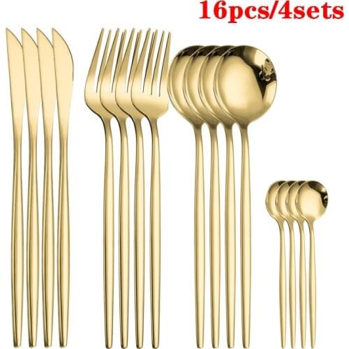 Gold Cutlery Tableware Set 16pcs Stainless Steel Forks Knives Spoons Dinner Tableware Set Fork Spoon Knife Gold Dinnerware Set