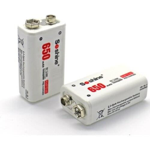 2Piece Soshine 9V Rechargeable Battery 650mAh 9v protected li-ion battery with Battery Box