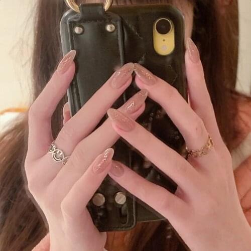 24pcs Long Style Gentle Girl Shimmering Powder Decor Popular Round Head Press On Nails Finished Fake Nail With Glue DL