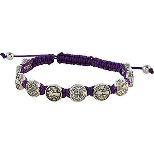 5 Pcs Zinc Alloy Saint St Benedict Medal on Adjustable Purple Cord Bracelets 8 Inch B-39