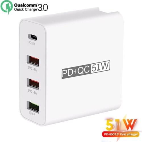 51W Quick Charge QC 3.0 Fast Charging for IPhone Samsung Huawei Type-C PD Charger 4 USB Socket Outlet Extension Adapter Socket