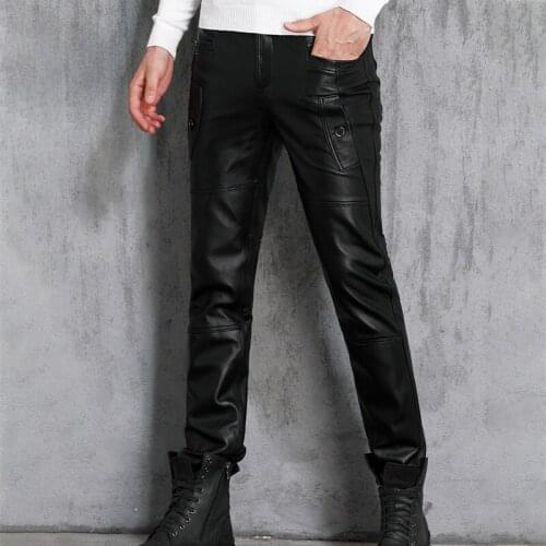 Leather Genuine Men Pants Mens Winter Slim Fashion Sheepskin Casual Fashion Motorcycle Pants Male Locomotive Trousers 2021