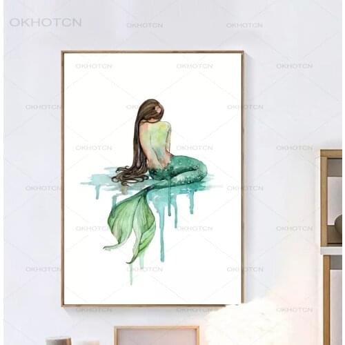 Girl Mermaid Princess Wall Art Canvas Painting Nordic Posters and Prints Abstract Wall Pictures for Living Room Decor