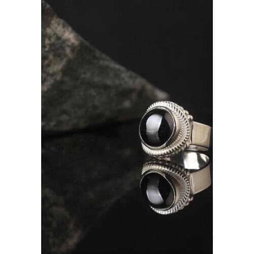 Black Zircon 925 Silver Engraved Traditional Handmade Turkish Signet Ring Jewelry Gift for Women Men