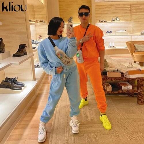 Kliou Letter Print Two Piece Set Women harajuku Flocking Casual Loose Simple Long Sleeve Top+Pleated Elastic Waist Sporty Pants