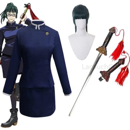 Anime Jujutsu Kaisen Cosplay Costume Maki Zen Top Skirt Zenin Maki Uniform Dark green Wig ponytail short hair Telescopic sword