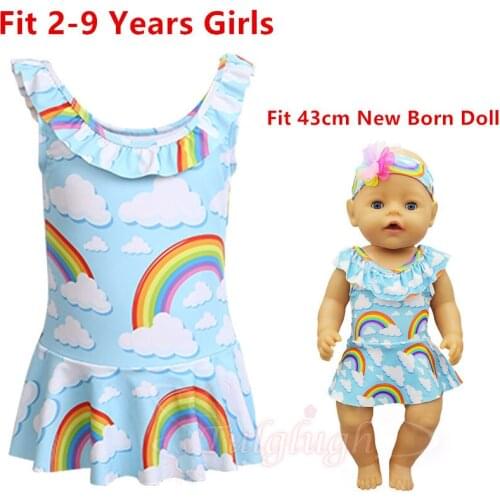 Doll and Girl Matching Rainbow Blue One-Piece Swimsuit for Girls and 18" American Dolls Clothes