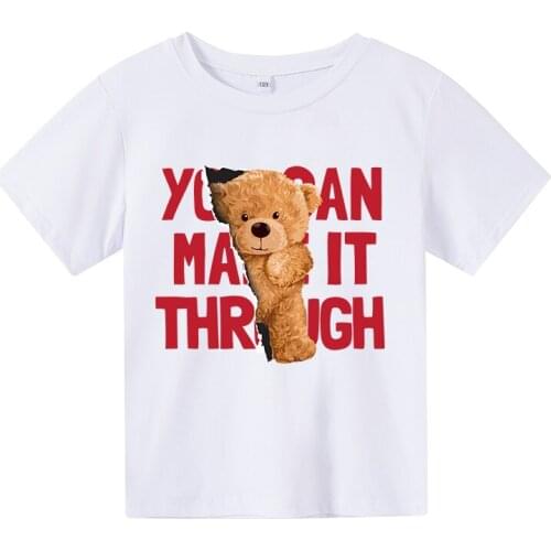 Summer Harajuku girl T-shirt boy Short sleeve Cartoon Bear Loose Tops Street 100%Cotton Tshirt childrens clothing boys Shirt