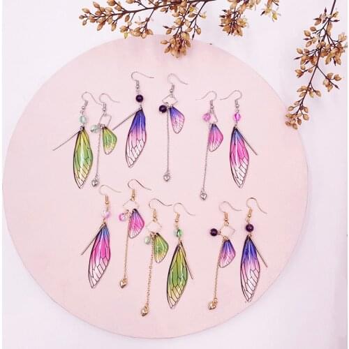 Fairy Sweet Asymmetric Butterfly Wing Drop Dangle Earrings for Women Girls Clear Resin Long Statement Earrings Wedding Jewelry