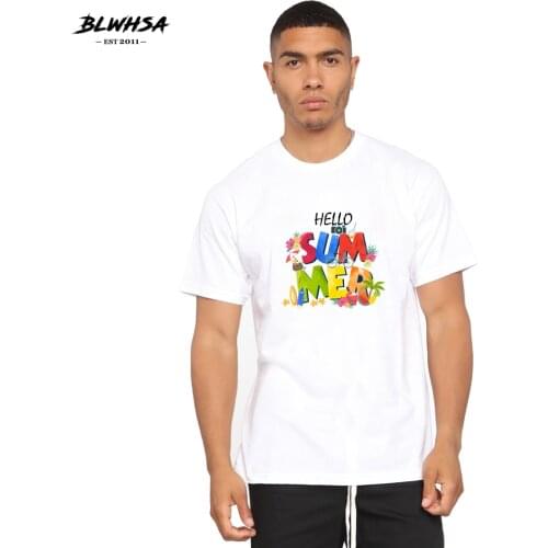 BLWHSA Hello Summer Printed T Shirt Men Fashion Short Sleeve Funny T-shirt Design Hello Summer Print Plus Size Clothes Shirts