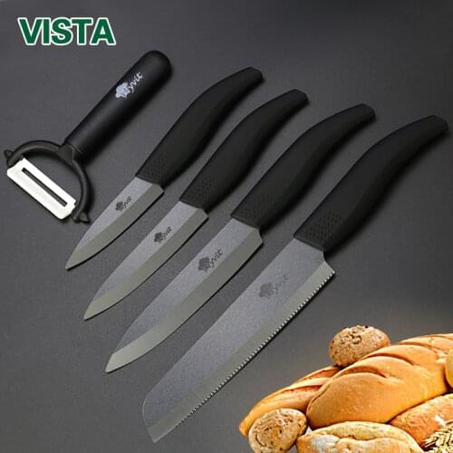 Ceramic Knife cooking set 3" 4" 5" inch+6 inch Serrated Bread Knife+Peeler Zirconia Black Blade Fruit Cooking Kitchen Knives