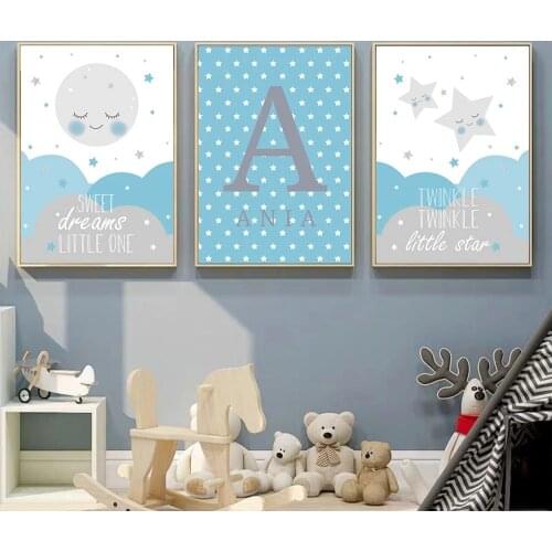 Star Cloud Moon Wall Art Poster Boy Custom Name Canvas Painting Nordic Posters Prints Blue Wall Picture Nursery Baby Room Decor