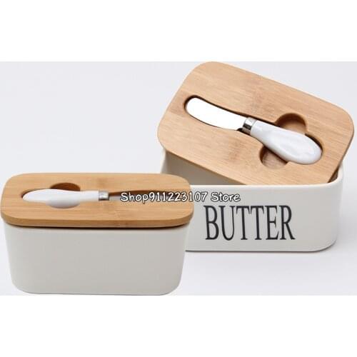 Nordic Ceramic Butter Box Wood Cover with Knife Butter Sealing Plate Storage Tray Dish Cheese Kitchen Food Container Butter Dish
