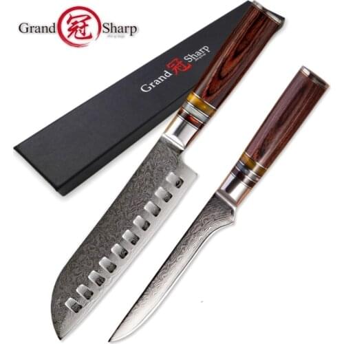 Professional Kitchen Knives 2 Pcs Damascus Knife Set Santoku Boning Chefs Knife vg10 Japanese Damascus Steel Slicing Tools NEW