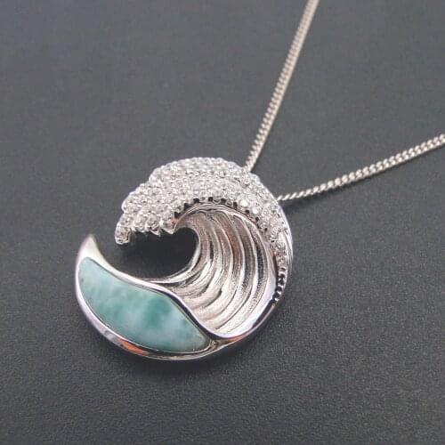 Fine Jewelry Natural Larimar Pendant Genuine Stone Waves Charm Pendant in Solid 925 Sterling Silver Party Gift for Lovers
