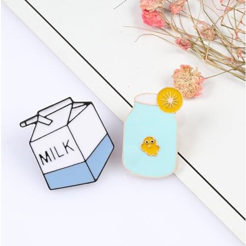 Kawaii Cute Boxed Milk Brooches Cartoon Lemon Cup Enamel Pin Clothes Backpack Lapel Pins Metal Badges Jewelry Gift Kids Friends
