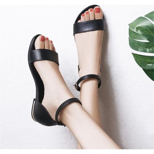 PXELENA Large Size 34-45 Women Flat Beach Sandals Genuine Leather Ankle Strap Comfort Casual Soft Summer Shoes Lady Black White