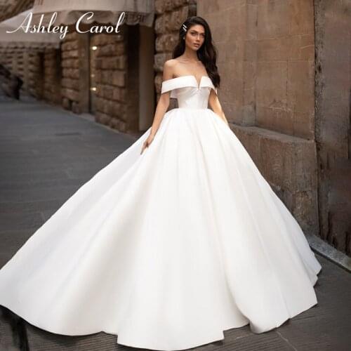 Ashley Carol A-Line Wedding Dress 2021 Charming Strapless With Ruched Satin Cap Sleeve Bride Princess Backless Bridal Gown