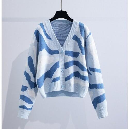 Vintage Zebra Knitted Women Sweater Cardigan Winter New 2021 V-Neck Thicken Warm Fleece Female Outwear Coats Tops