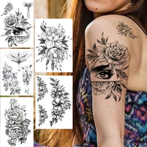 Triangle Eye Temporary Tattoos For Women Girls Fake Lotus Lily Peony Flower Tattoo Sticker Black Water Transfer Tattoos Paste