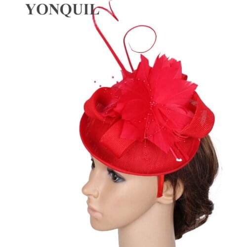Women Red Fascinator Hats With Feather Flower Adorn Wedding Fascinator Sposa Ostrich Quill Headpiece Ladies Occasion Headwear