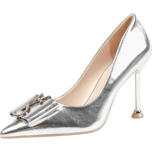 Womens Shoes 2019 Spring Summer High Heels Pointed High-heeled Cat Heel Shoes Metallic Shiny Shoes pumps women shoes