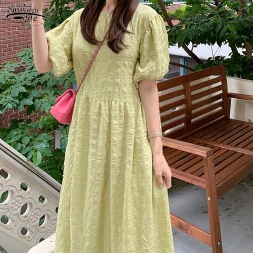 Summer 2021 Vintage Puff Sleeve Dress Female Korean Chic Green Loose Dress Women Plus Size Black Casual Dresses Vestidos 15359