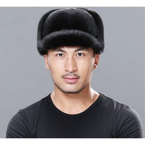 Winter Fur Warm Windproof Hat Mens Lei Feng Cap Bomber Jacket Mink Fur Earmuffs Hat Black Ski Cavalry Catcher Cold And Snow Cap