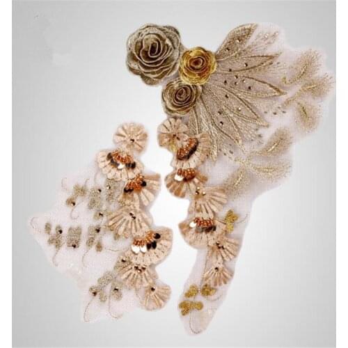 2Pairs 29X21cm 3Colors Pearl Wedding Dress Floral Embroidery Sewing Sequins Patches Lace Applique Flower Trims DIY Craft BD0357