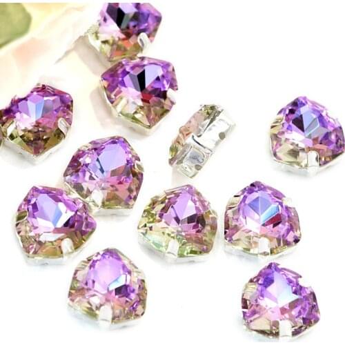 20pcs Top Quality Fat Tri-angle Sew On Rhinestones With Claw Purple Light Color Shiny Flatback Sewing Stones for DIY Cloth B1208