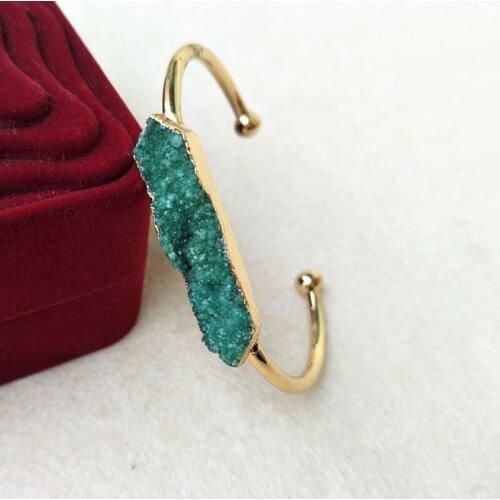 5Pcs Natural green crystal Druzy Geode Quartz Stone Cuff Bangle Handcuff Gold color Drusy Bracelets Jewelry BG43