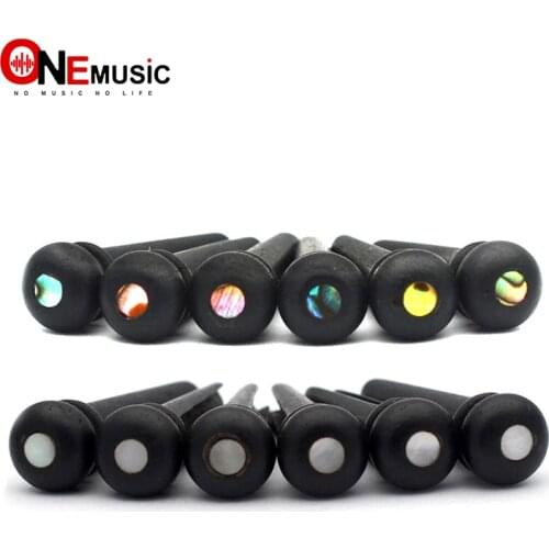 6pcs Ebony Acoustic Guitar Slotted Bridge Pin with Brass Circle Abalone Shell dots Guitar Parts Accessories Black
