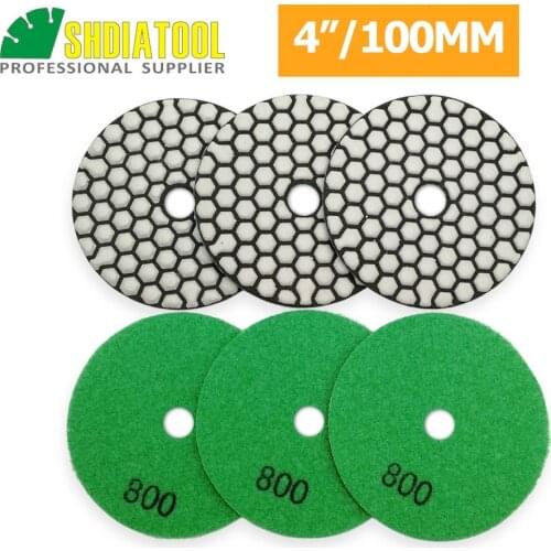 SHDIATOO 6pcs 4"/100mm Grit #800 Diamond Flexible Dry Polishing Pad Stone Granite Marble Sanding Disc Resin bond Polisher disc