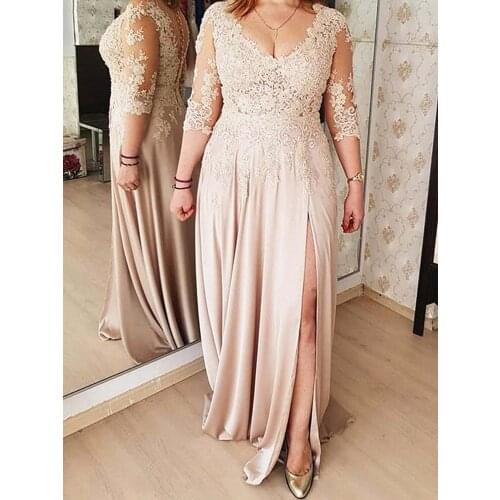 Elegant Mother of The Bride Dresses V-neck 3/4 Sleeves High Split Long Formal Evening Gown Plus Size Mother Dress for Weddings