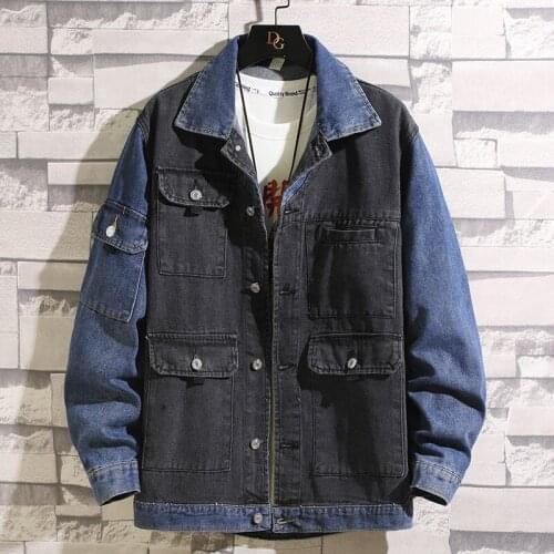 Denim Jacket for Men Black Blue Stitching Spring Autumn Trend All-match Cargo Coat Tops Plus Size Hiphop Streetwear Male Clothes